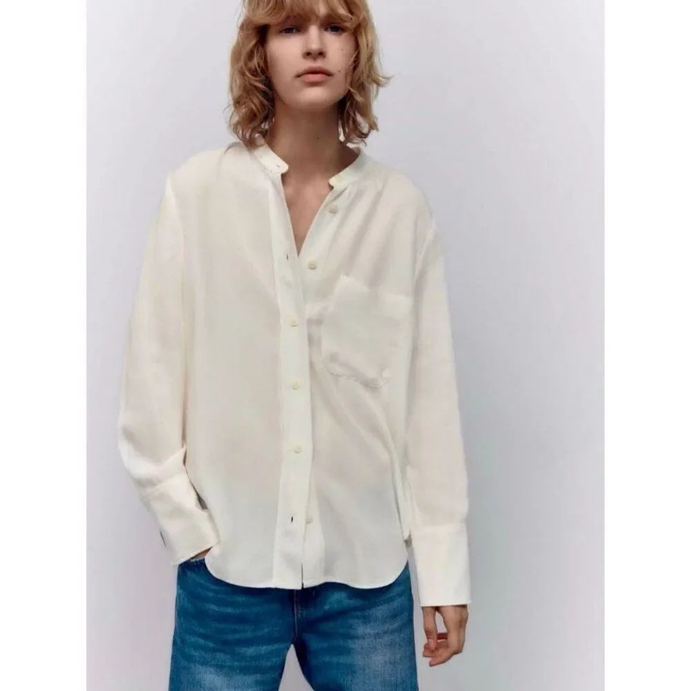 NEW ZARA Women’s Medium Ivory Cream Button Down Blouse - Picture 3 of 9